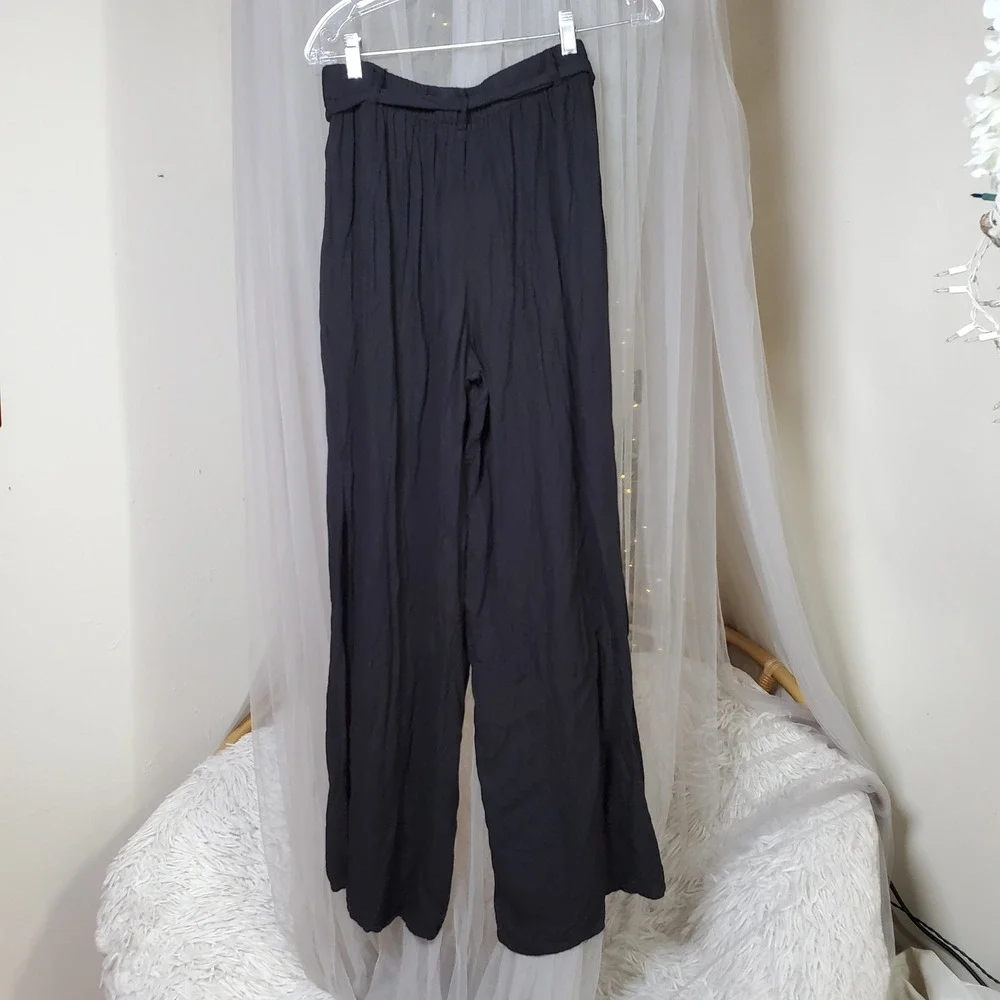 Y2K Resortwear Chic Wide Leg Pants Side Slit Black Size M 31